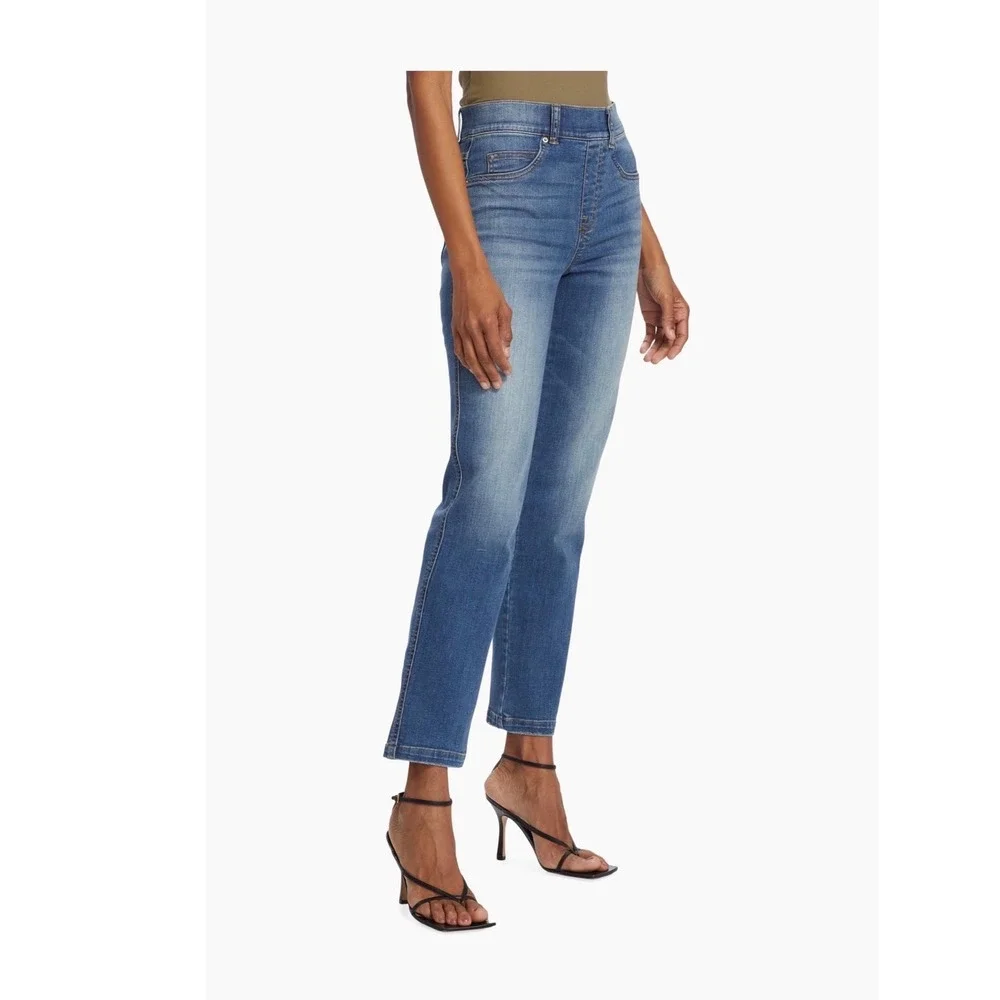 Spanx Ankle‎ Straight Leg Jeans Medium Wash High Rise Pull On Denim Blue Sz Xs